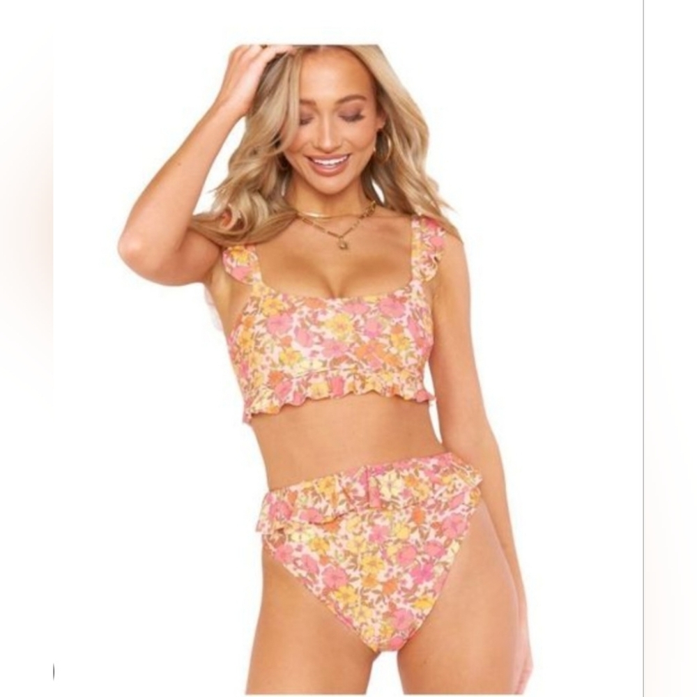 Show Me Your Mumu Floral Ruffle High Waist Women's Swimwuit. Sm/M